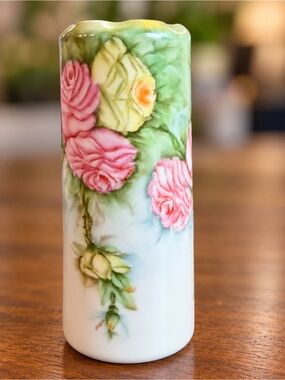 Vintage Hand-Painted Pink Rose Porcelain Bud Vase Signed Made in Bavaria